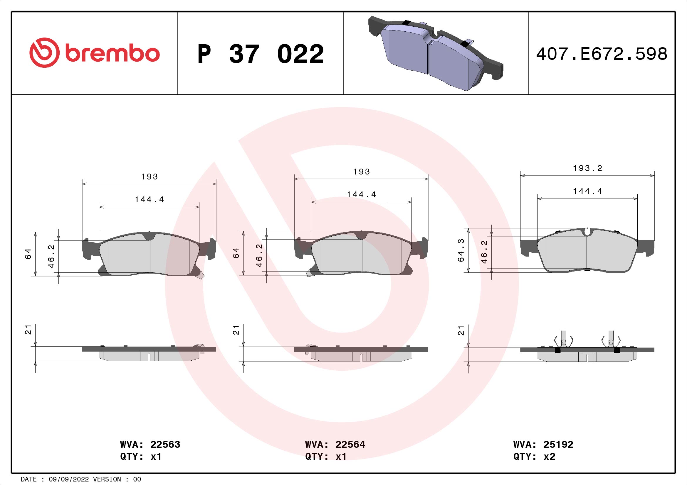 A.B.S. P 37 022 BREMBO Bremsbelagsatz, Scheibenbremse